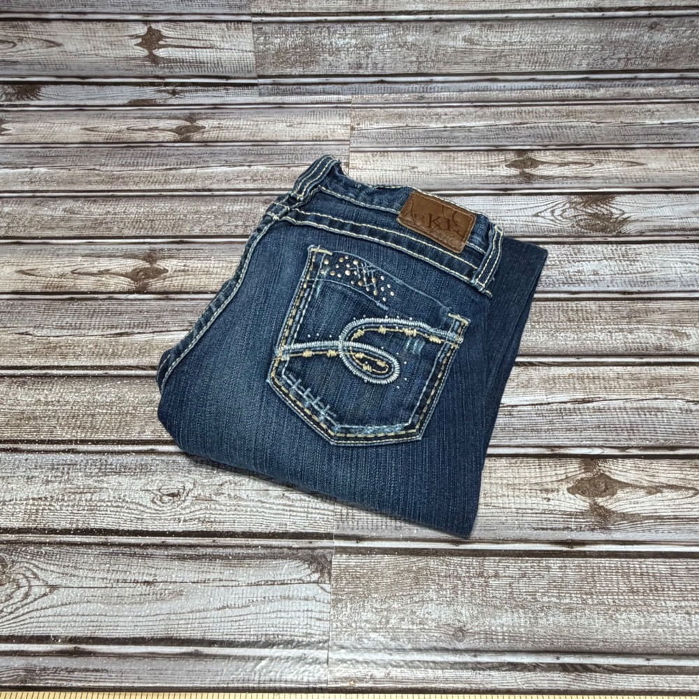 BKE Myra Skinny Jeans Womens 28x30 Dark Wash Distressed Embellished Pockets